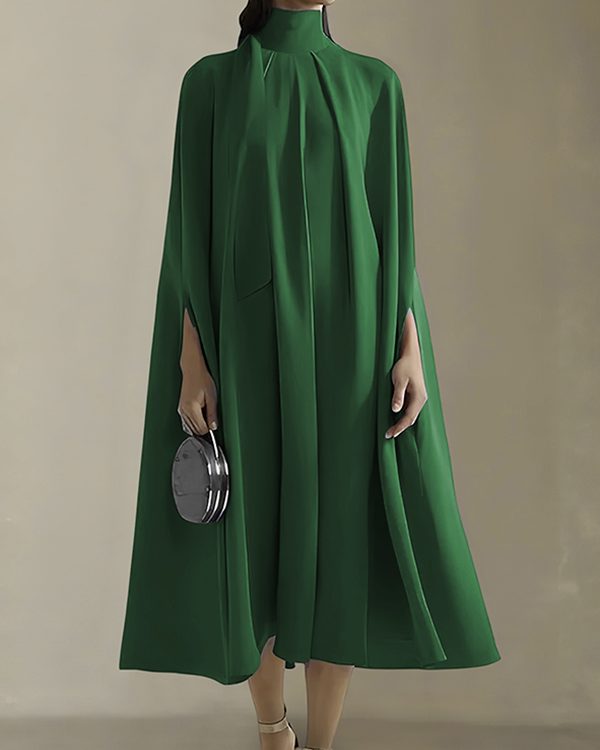 Simple Batwing Sleeves Lace-Up Solid Color High-Neck Midi Dresses
