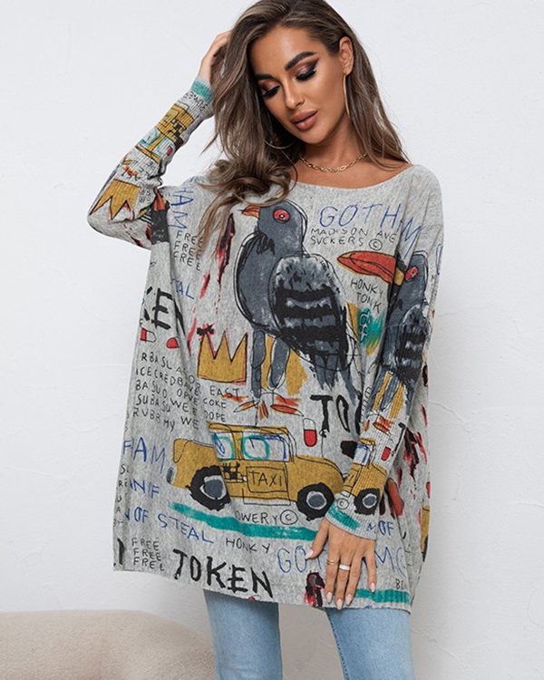 Casual Long Sleeves Loose Cartoon Printed Contrast Color Round-Neck Sweater Tops