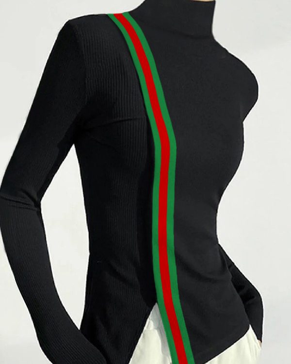 Long Sleeves Skinny Contrast Color Striped High Neck T-Shirts Tops