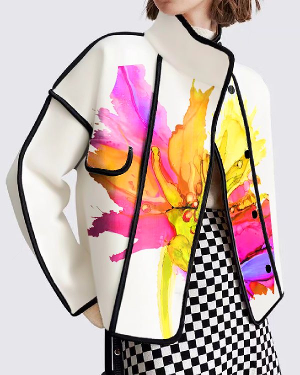 Long Sleeves Loose Buttoned Flower Print Pockets Split-Joint Stand Collar Outerwear