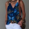 Sleeveless Butterfly Print Split-Joint V-Neck Vest Top