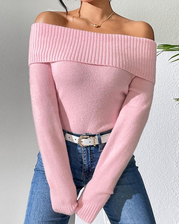 Long Sleeves Solid Color Off-The-Shoulder Pullovers Sweater Tops