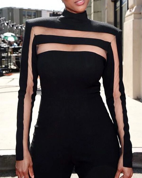 Long Sleeves Skinny Mesh Solid Color Split-Joint High Neck T-Shirts Tops