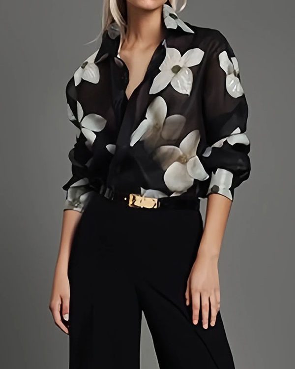 Long Sleeves Loose Floral Printed Lapel Blouses