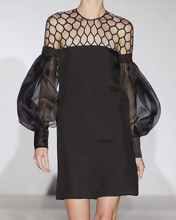 Long Sleeves Loose Hollow Solid Color Split-Joint Round-Neck Mini Dresses