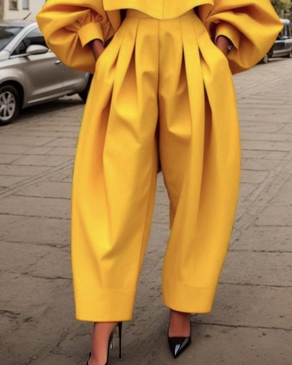 High-Low Loose Pleated Pockets Solid Color Pants Trousers