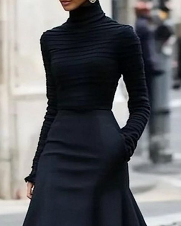 Long Sleeves Skinny Pleated Solid Color Split-Joint High Neck T-Shirts