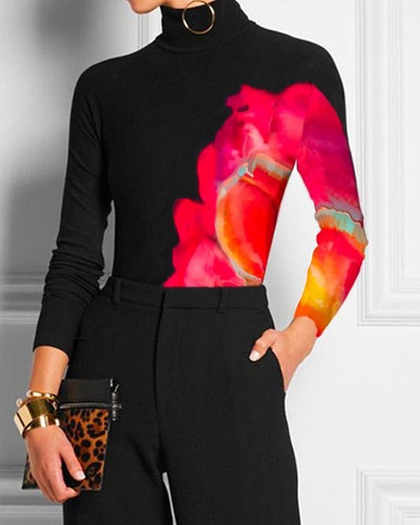 Long Sleeves Skinny Contrast Color Printed High Neck T-Shirts