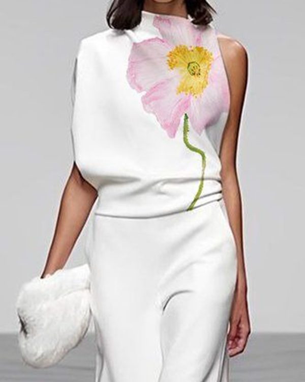 Loose Sleeveless Floral Printed High Neck Vest Top