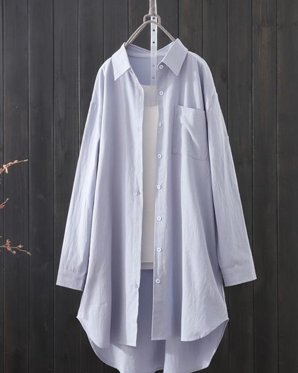 High-Low Long Sleeves Solid Color Lapel Shirts Tops