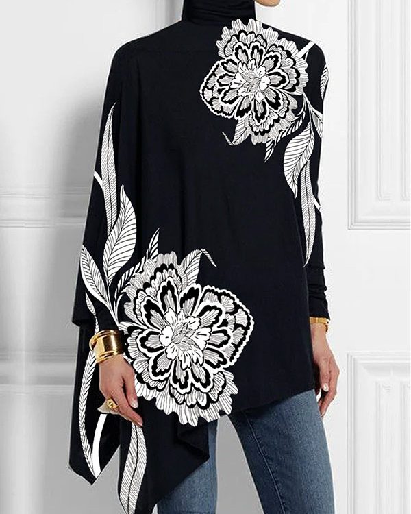 Batwing Sleeves Loose Asymmetric Floral Printed Split-Joint High Neck T-Shirts