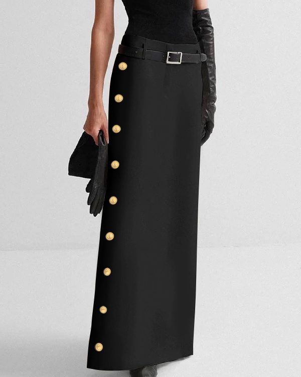 High Waisted Buttoned No Belt Solid Color Skirts Bottoms