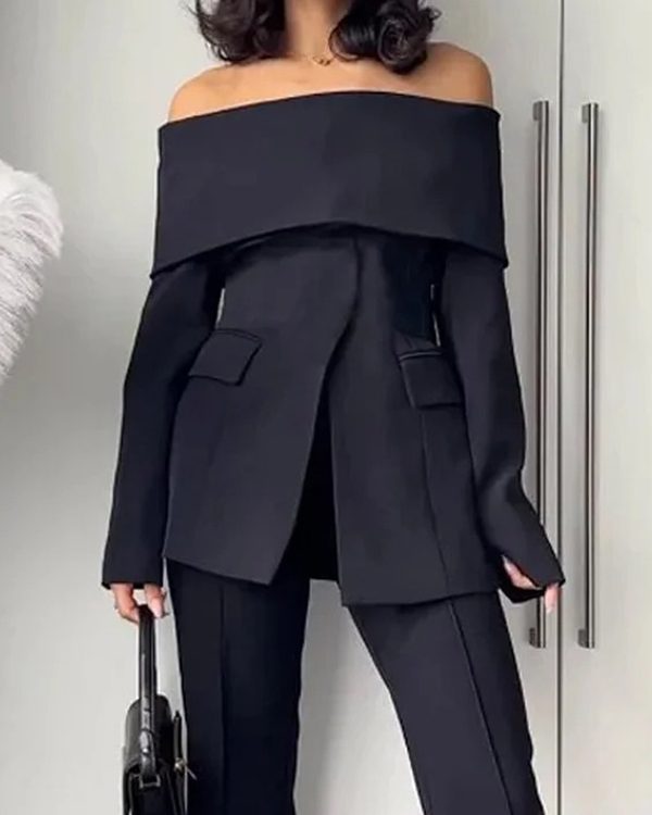 Long Sleeves Solid Color Split-Front Split-Joint Off-The-Shoulder Blazer