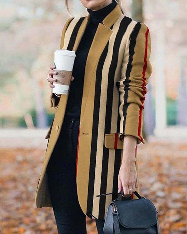 Long Sleeves Loose Buttoned Split-Joint Striped Stand Collar Woolen Coat