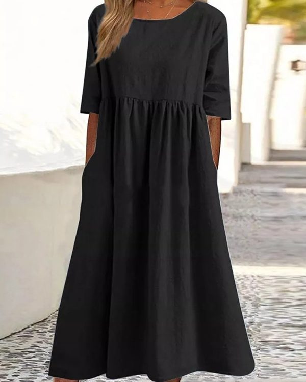 A-Line Half Sleeves Pleated Pockets Solid Color Round-Neck Midi Dresses