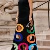 Loose Sleeveless Colorful Hollow Shawl Collar Maxi Dresses