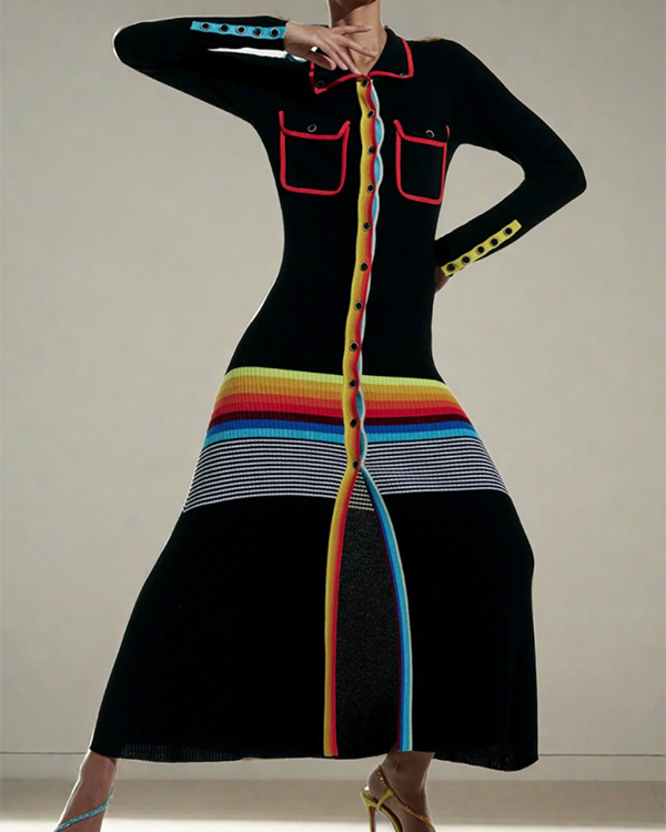 Long Sleeves Skinny Buttoned Contrast Color Striped Lapel Maxi Dresses Shirt Dress