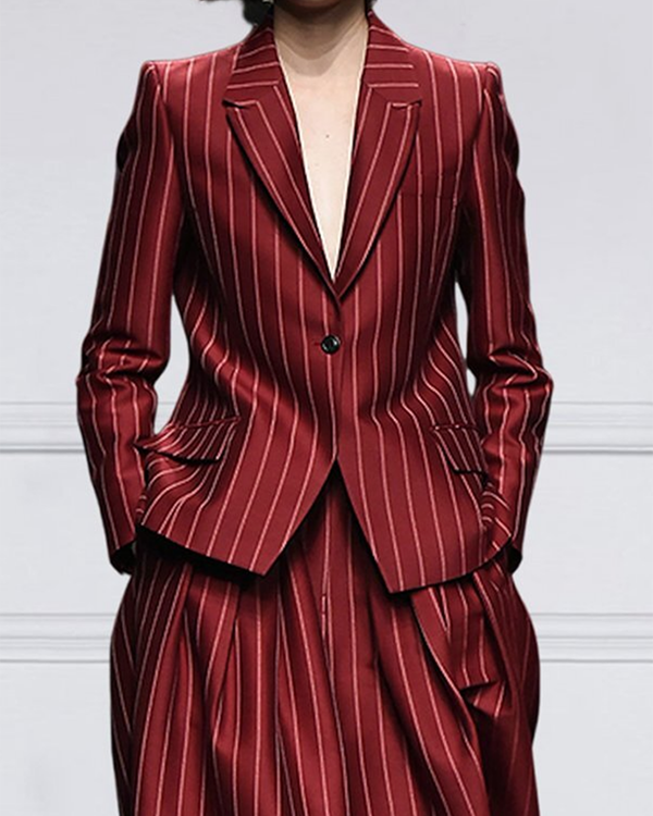 Long Sleeves Loose Striped Notched Collar Blazer Outerwear
