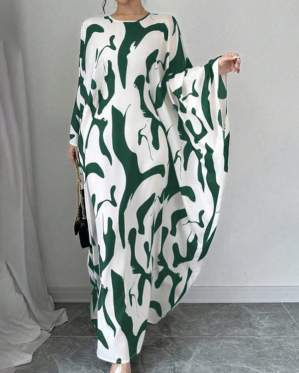 Batwing Sleeves Loose Contrast Color Printed Round-Neck Maxi Dresses