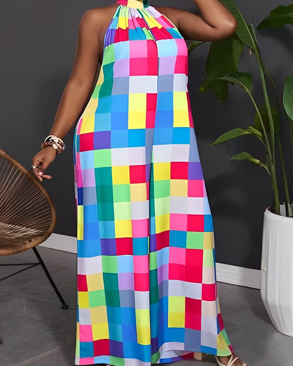 Loose Sleeveless Contrast Color Plaid Pleated Halter-Neck Jumpsuits