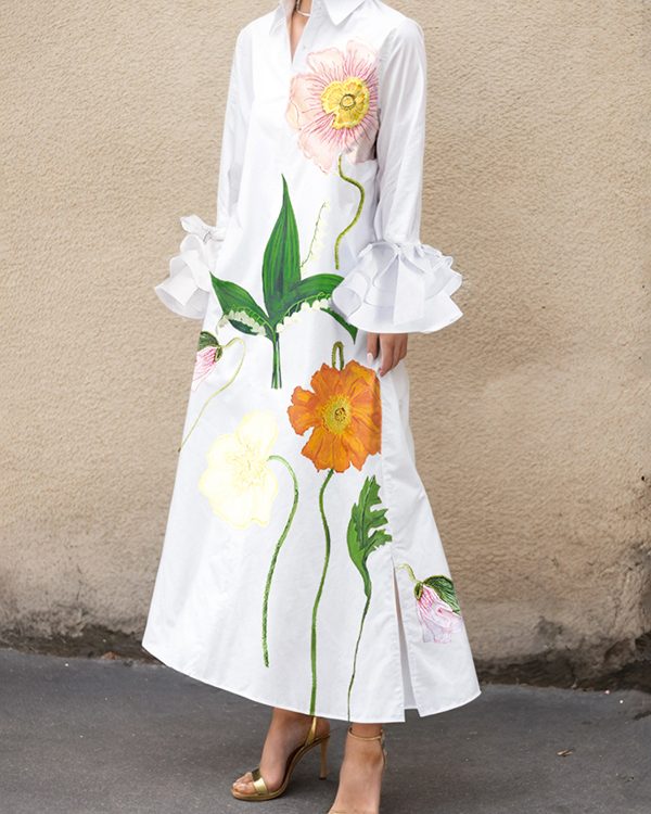 A-Line Flared Sleeves Floral Printed Split-Joint Split-Side Lapel Collar Maxi Dresses Shirt Dress