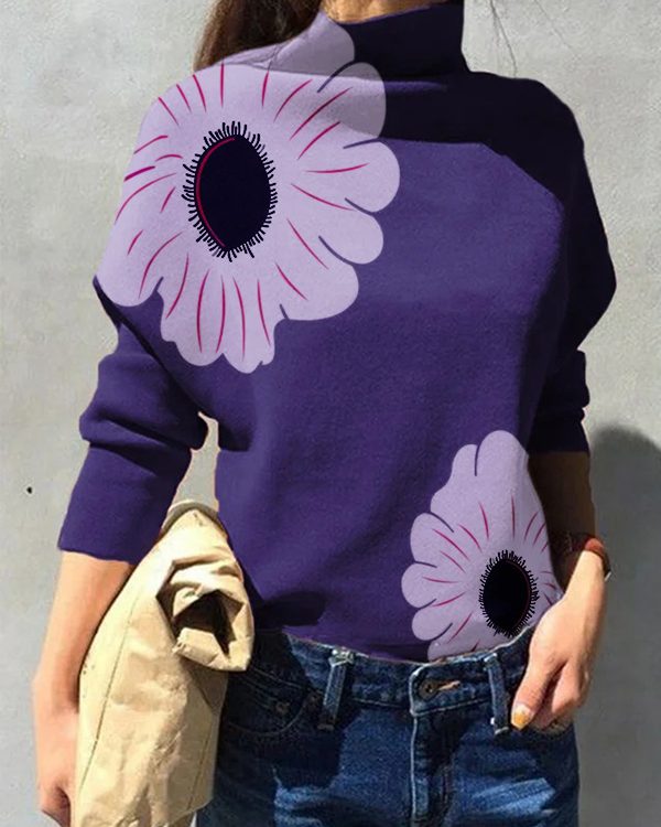 Long Sleeves Loose Flower Print Split-Joint High Neck T-Shirts