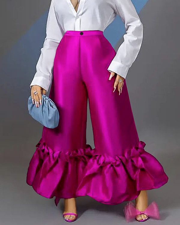 Loose Wide Leg Buttoned Falbala High-Waisted Solid Color Flared Trousers Pants