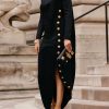 Long Sleeves Loose Asymmetric Buttoned Split-Joint Split-Side Mock Neck Maxi Dresses