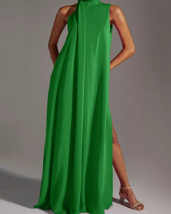Sleeveless Solid Color Split-Side Round-Neck Maxi Dresses