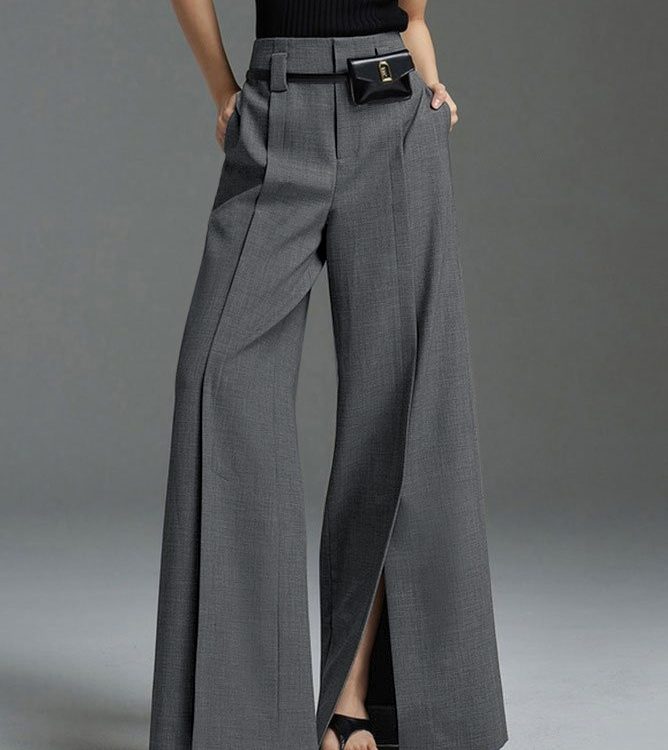 Loose Wide Pants High-Waisted Pleated Split-Front Pants Trousers
