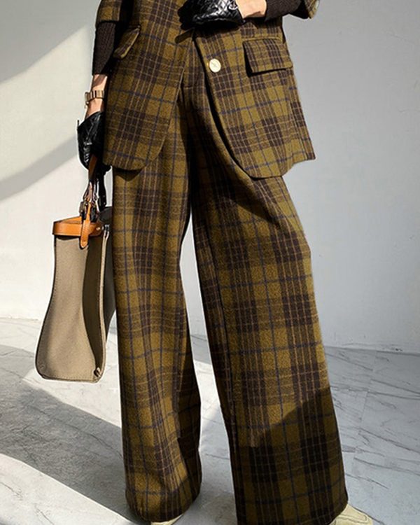 High Waisted Loose Plaid Split-Joint Pants Trousers