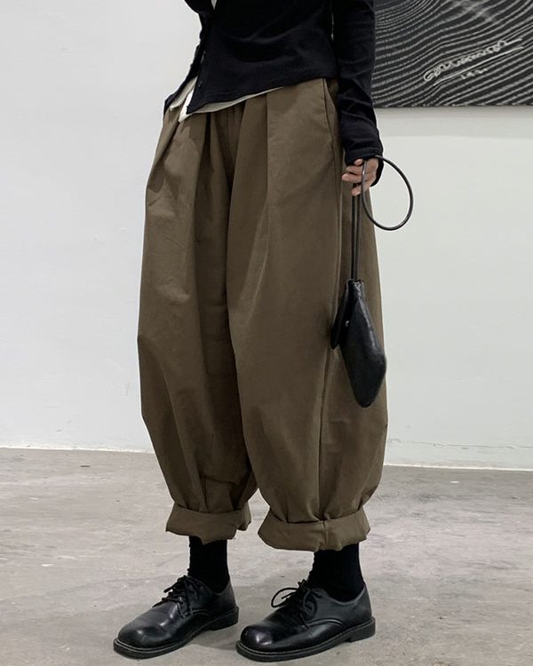 Harem Pants Loose Elasticity High-Waisted Pleated Solid Color Split-Joint Pants Trousers