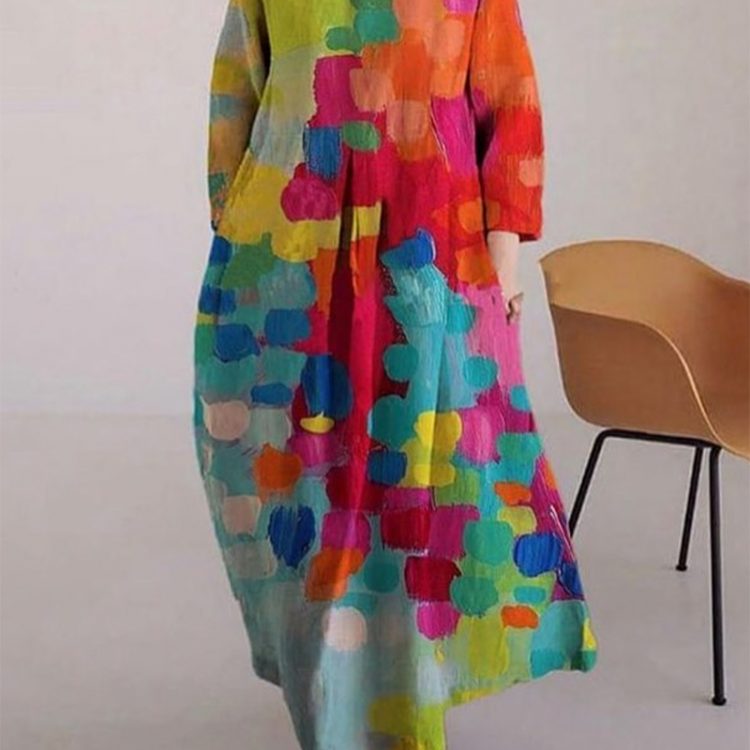 Loose Colorful Contrast Color Printed Round-Neck Midi Dresses