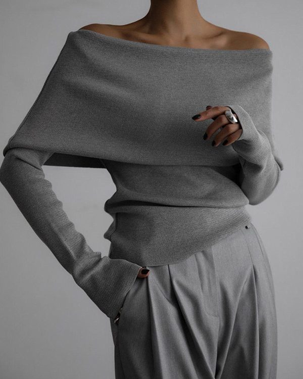 Long Sleeves Loose Solid Color Off-The-Shoulder Pullovers Sweater Tops