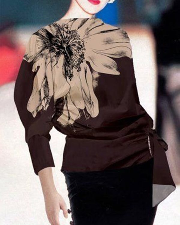 Long Sleeves Loose Asymmetric Floral Printed Split-Joint Stand Collar T-Shirts Tops