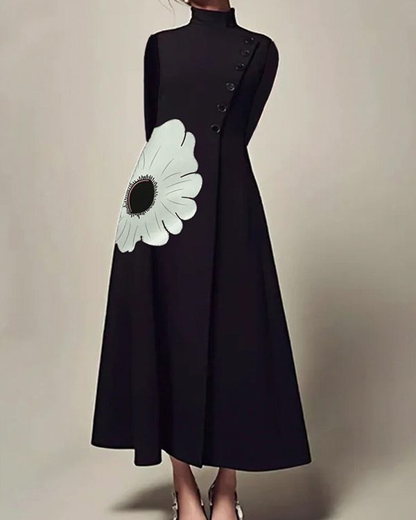 A-Line Long Sleeves Flower Print High Neck Midi Dresses