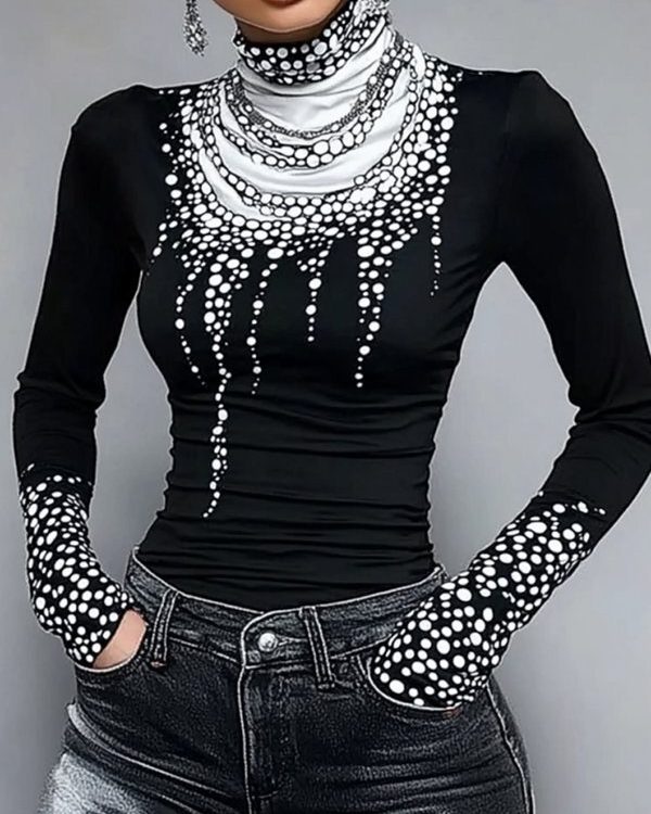 Long Sleeves Skinny Printed High-Neck T-Shirts Tops