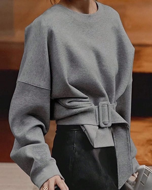 Long Sleeves Loose Belt Buckle Solid Color Round-Neck Sweatshirt Tops