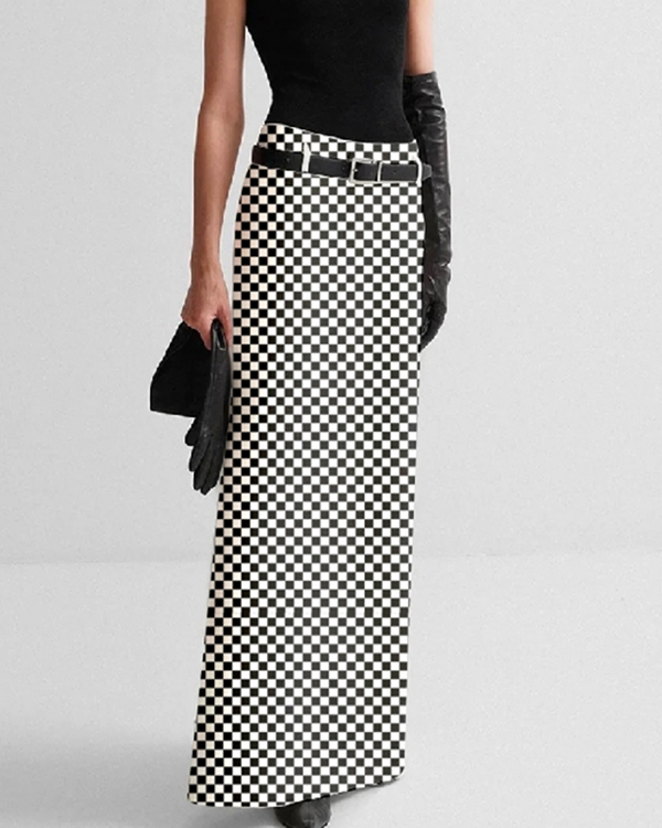 H-Line No Belt Plaid Printed Split-Back Skirts Bottoms