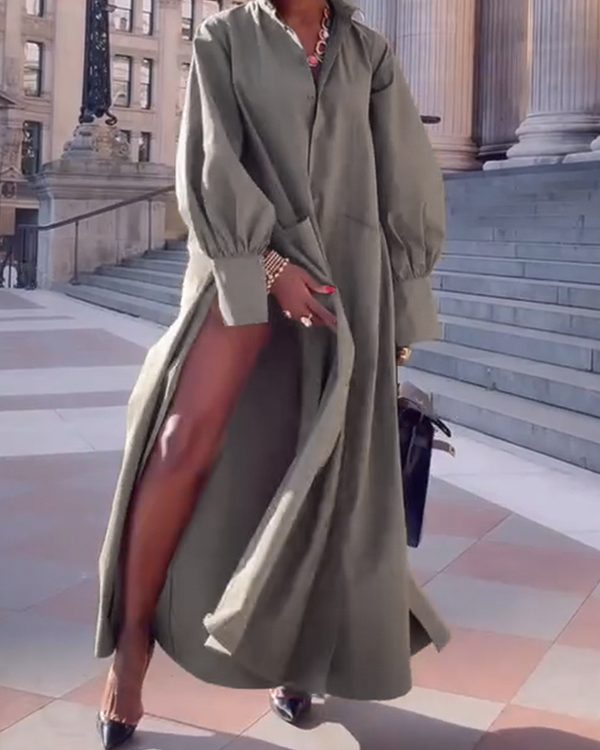 Long Sleeves Loose Solid Color Split-Joint Split-Side Lapel Maxi Dresses Shirt Dress