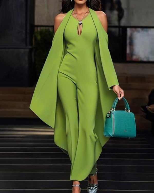 Batwing Sleeves Loose Hollow Solid Color Split-Joint Cold Shoulder Jumpsuits