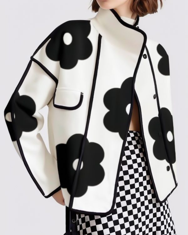 Long Sleeves Loose Contrast Color Flower Print Split-Joint Stand Collar Jackets Outerwear