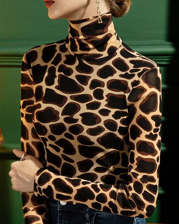 Long Sleeves Skinny Leopard High-Neck T-Shirts Tops