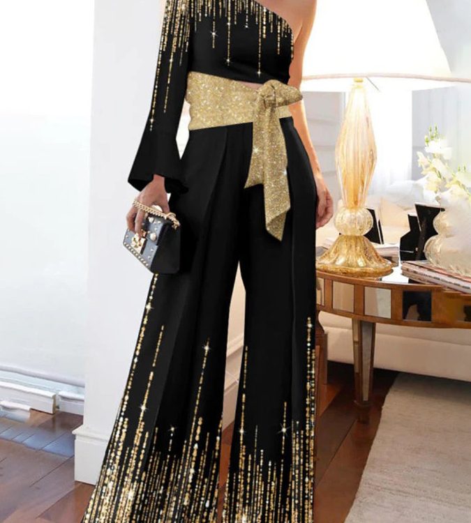 Long Sleeves Loose Printed Shiny Tied Waist One-Shoulder Jumpsuits Bottoms