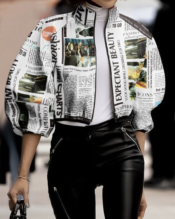 Loose Puff Sleeves Letter Print Stand Collar Outerwear