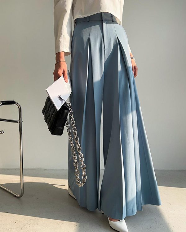 High Waisted Wide Leg Pleated Solid Color Casual Pants Bottoms Trousers