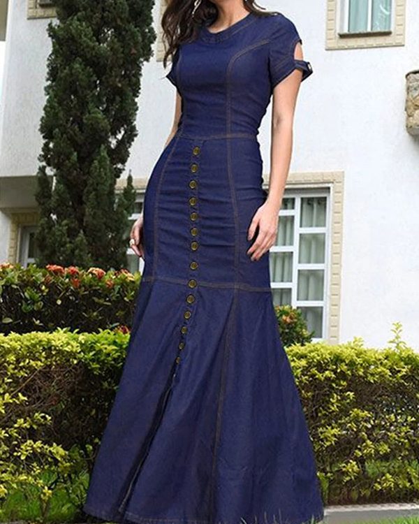 Bodycon Mermaid Buttoned Hollow Split-Joint Round-Neck Maxi Dresses