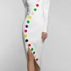 Long Sleeves Buttoned Contrast Color High Neck Midi Dresses