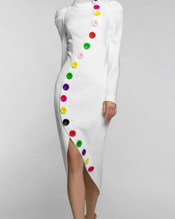 Long Sleeves Buttoned Contrast Color High Neck Midi Dresses