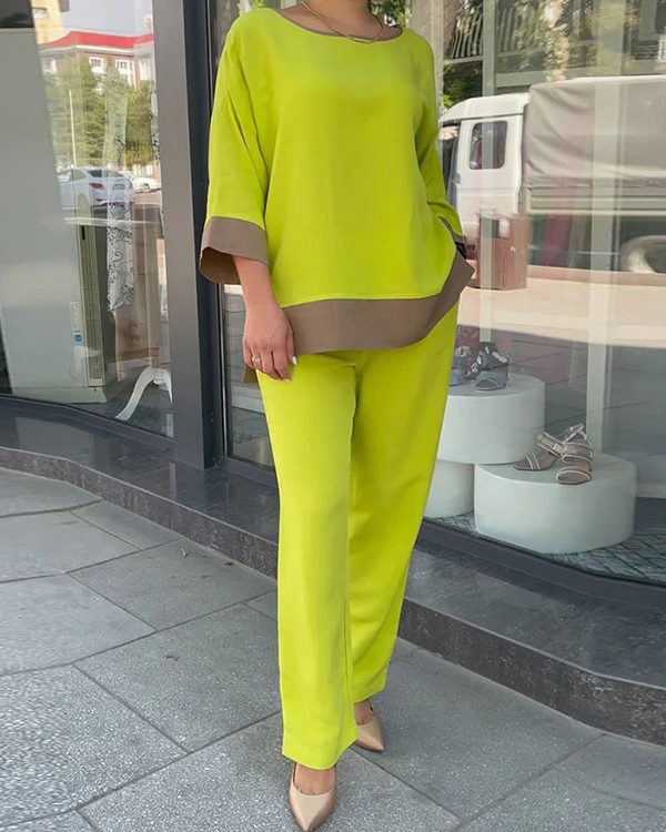 Loose Contrast Color Three-Quarter Sleeves Split-Side Round-Neck Shirts Top + Pants Bottom Two Pieces Set